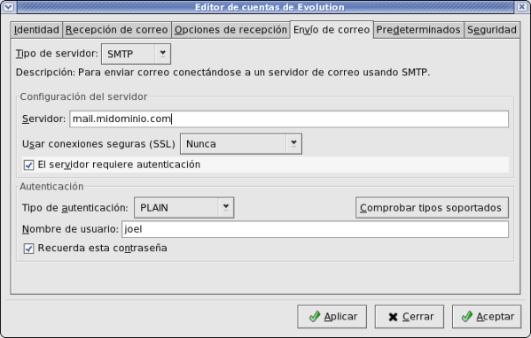 Configuración SMTP para Evolution.