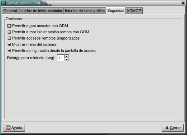 Pantalla de configuración de GDM
