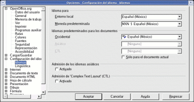 Opciones de idioma de OpenOffice.org